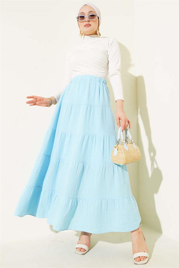 Elastic Waist Layered Flared Skirt Ice Blue