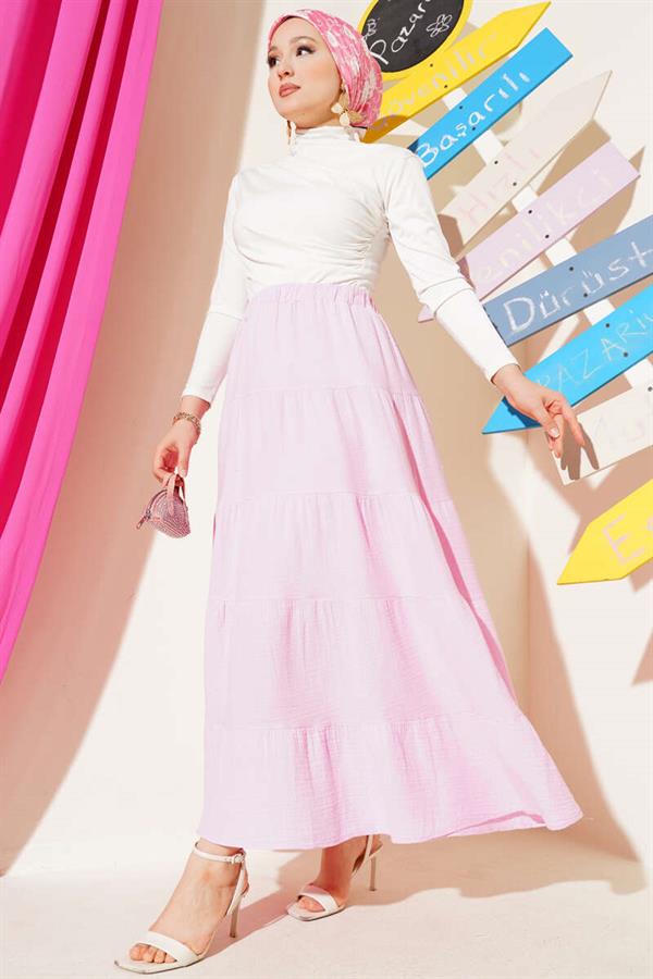 Elastic Waist Layered Flared Skirt Pink