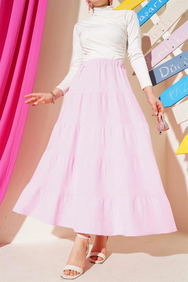 Elastic Waist Layered Flared Skirt Pink