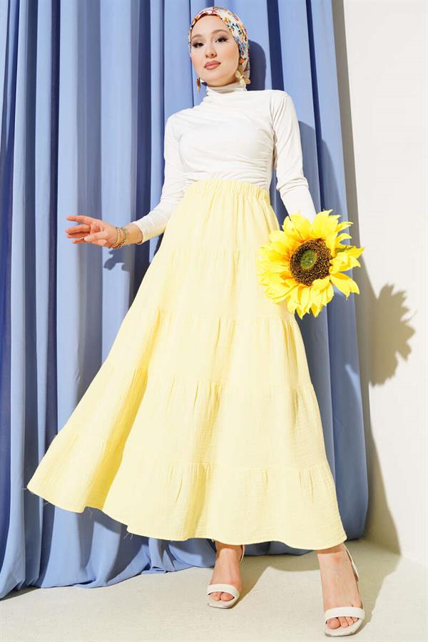 Elastic Waist Layered Flared Skirt Yellow