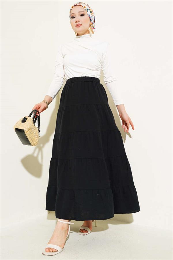 Elastic Waist Layered Flared Skirt Black