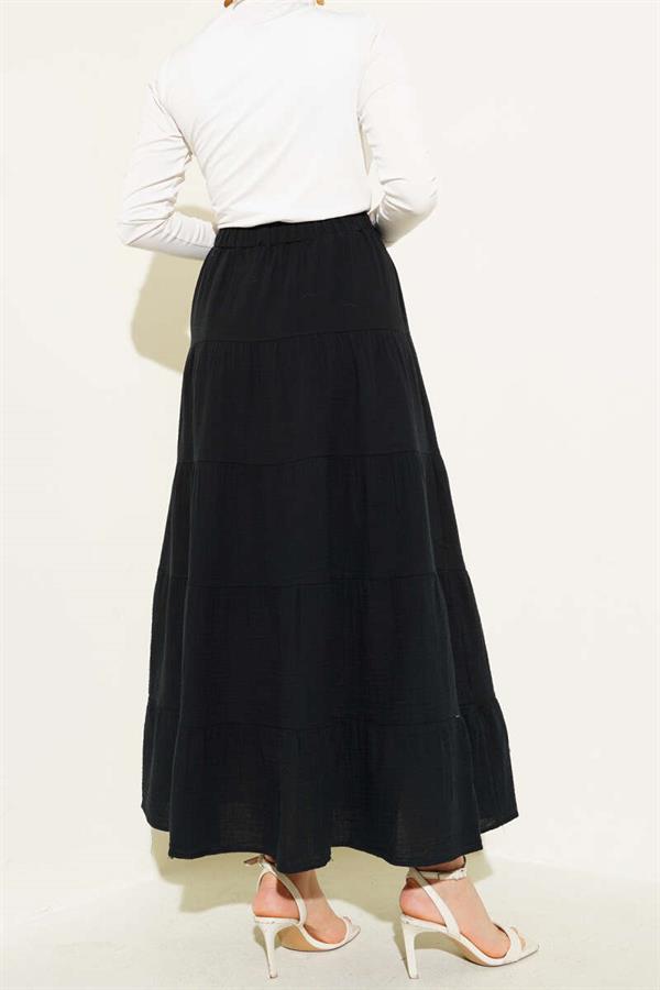 Elastic Waist Layered Flared Skirt Black