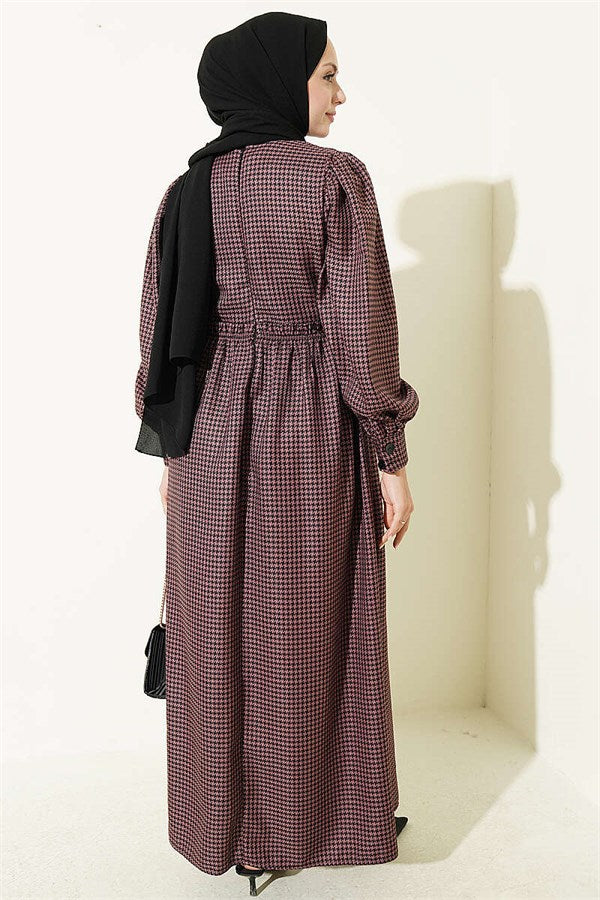 Rose Pink Houndstooth Pattern Dress with Elastic Waist