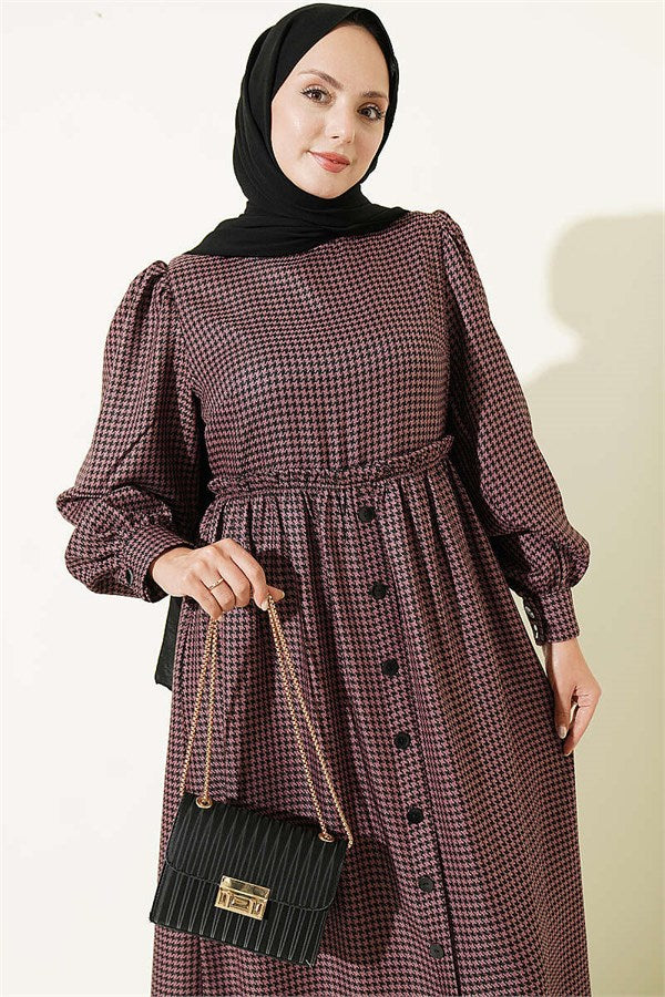 Rose Pink Houndstooth Pattern Dress with Elastic Waist