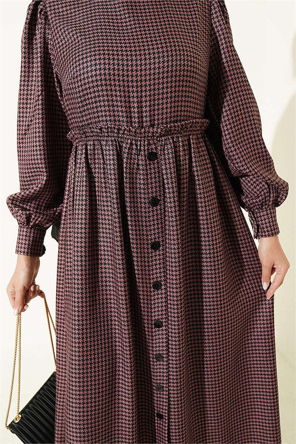 Rose Pink Houndstooth Pattern Dress with Elastic Waist