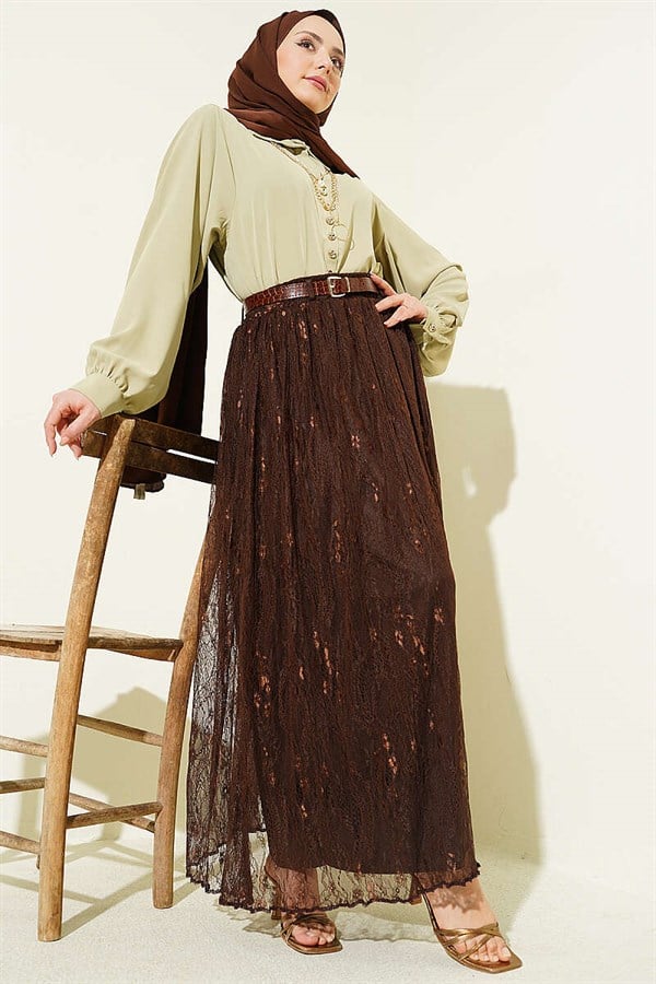 Lace Skirt with Elastic Waistband, Brown