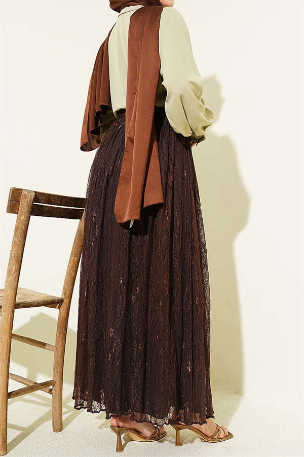 Lace Skirt with Elastic Waistband, Brown