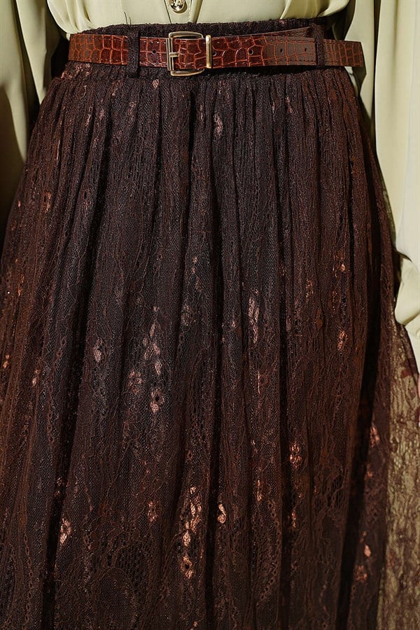 Lace Skirt with Elastic Waistband, Brown