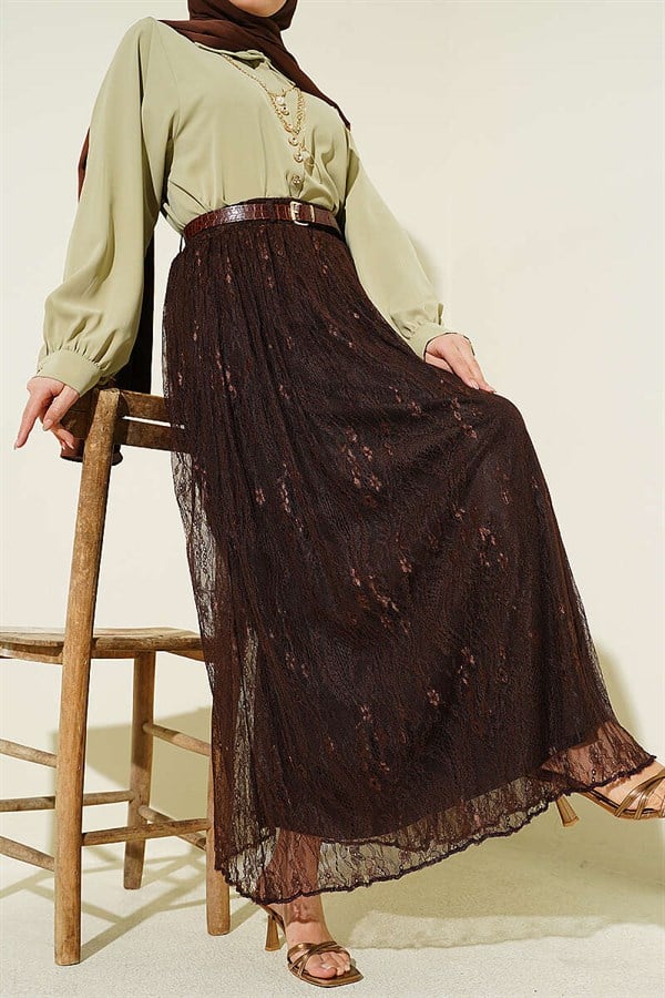 Lace Skirt with Elastic Waistband, Brown