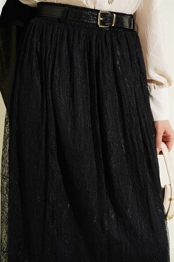 Black Lace Skirt with Elastic Waistband
