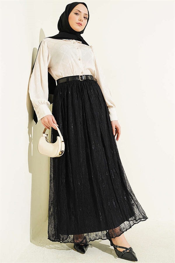 Black Lace Skirt with Elastic Waistband