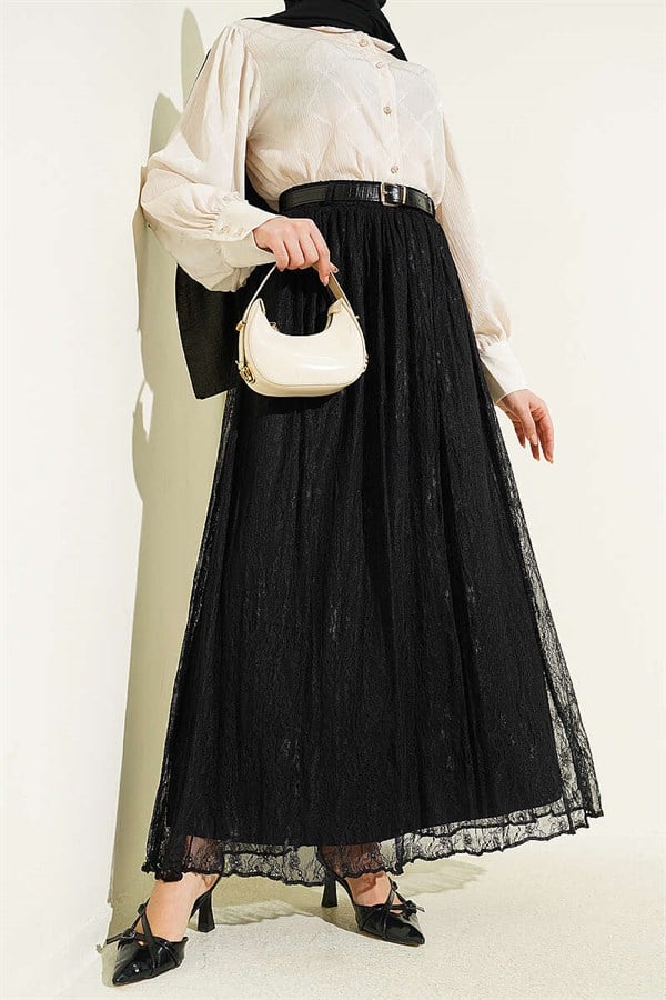 Black Lace Skirt with Elastic Waistband