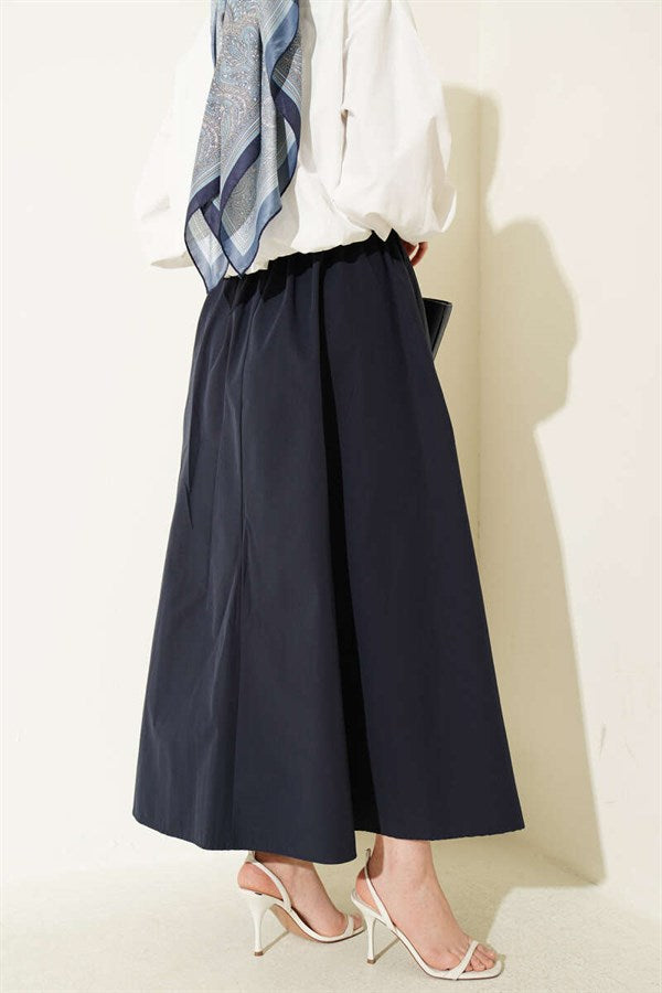 Navy Blue Poplin Skirt with Elastic Waistband