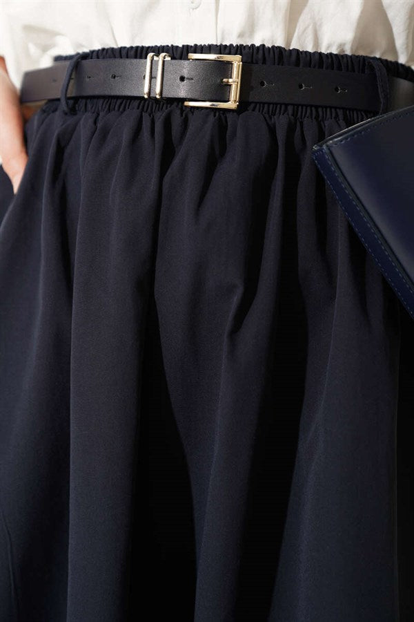 Navy Blue Poplin Skirt with Elastic Waistband