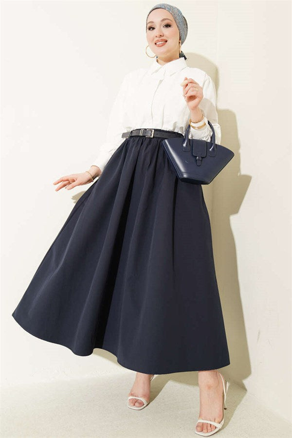 Navy Blue Poplin Skirt with Elastic Waistband