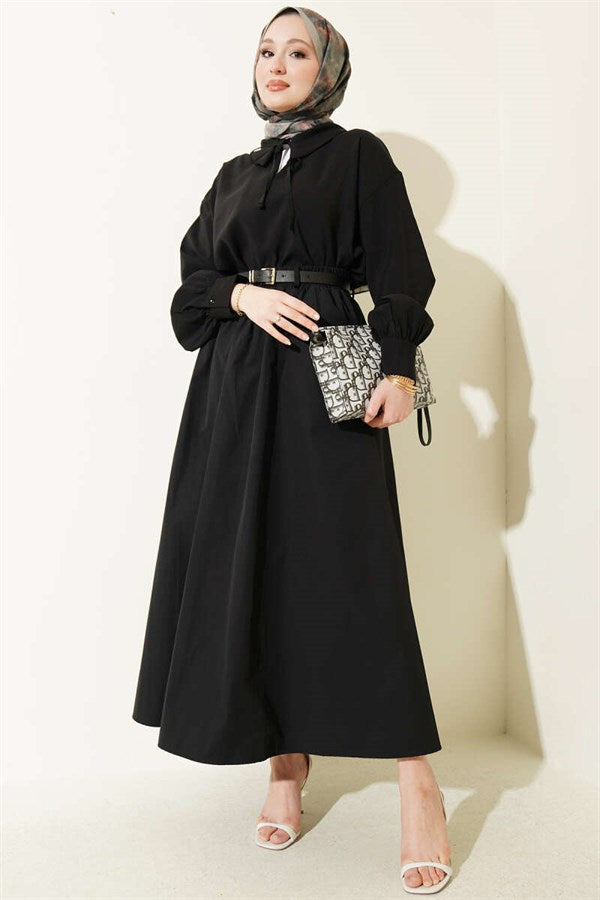 Black Poplin Skirt with Elastic Waistband