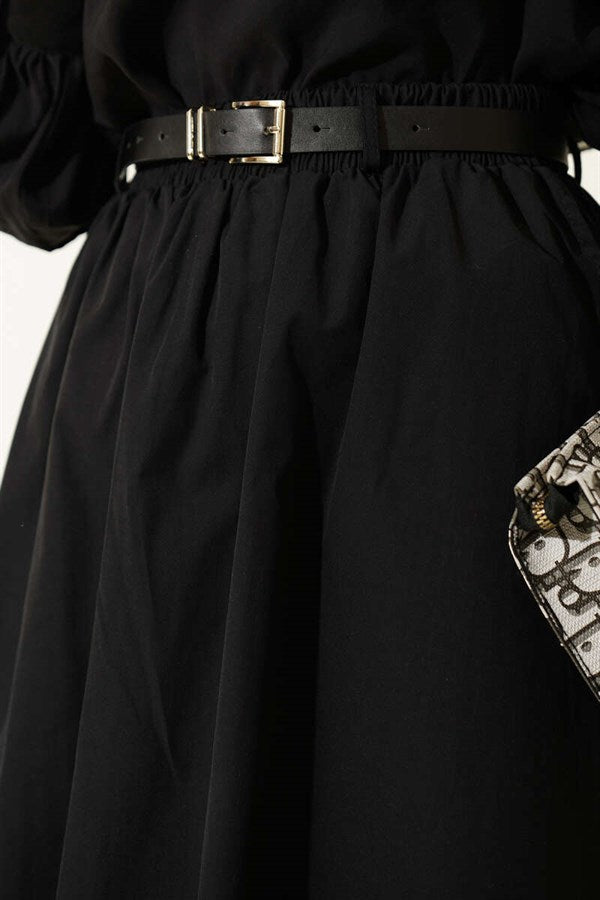Black Poplin Skirt with Elastic Waistband