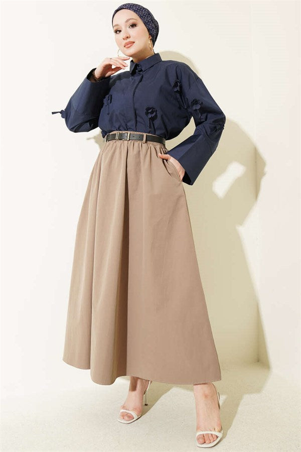 Poplin Skirt with Elastic Waistband, Mink Color