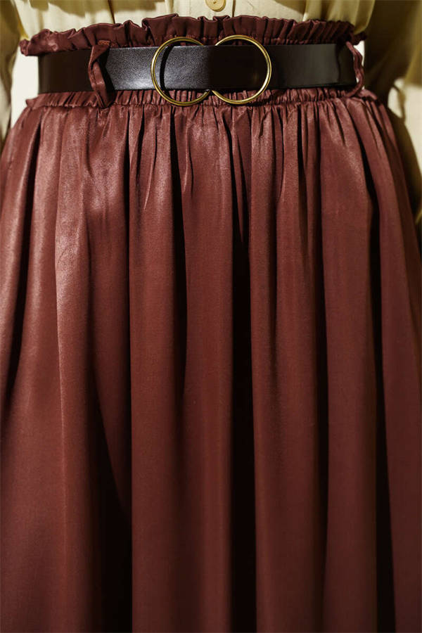 Satin Skirt with Elastic Waistband, Brown