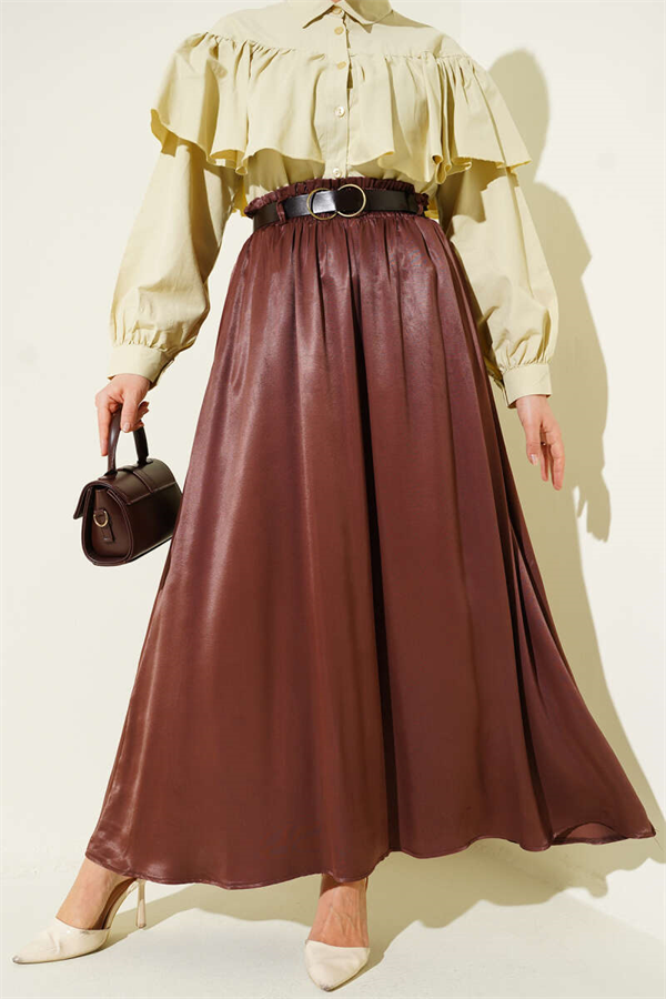 Satin Skirt with Elastic Waistband, Brown