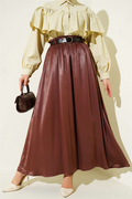 Satin Skirt with Elastic Waistband, Brown