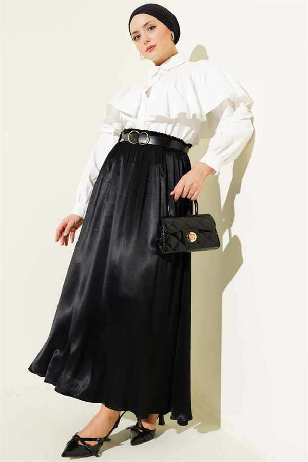 Black Satin Skirt with Elastic Waistband