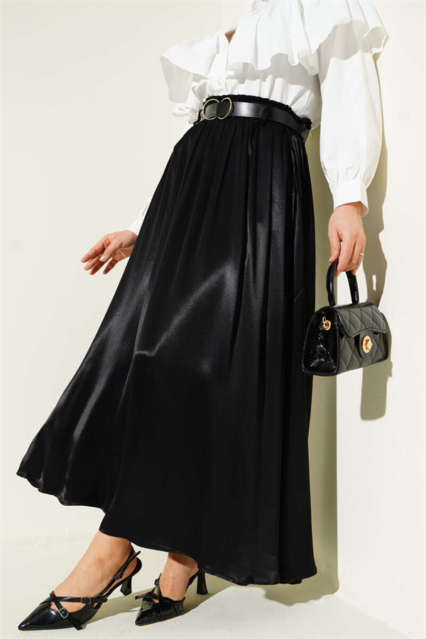 Black Satin Skirt with Elastic Waistband