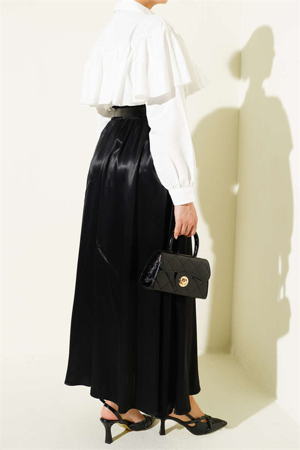 Black Satin Skirt with Elastic Waistband
