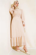 Elastic Waist Self Patterned Dress Beige