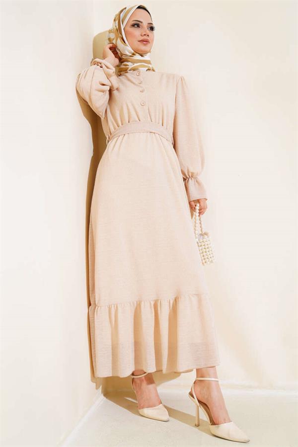 Elastic Waist Self Patterned Dress Beige