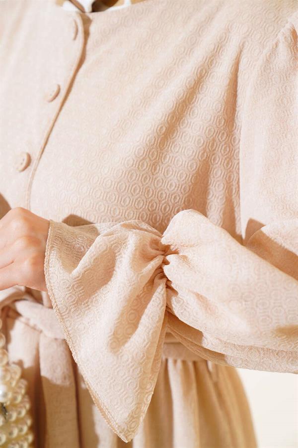 Elastic Waist Self Patterned Dress Beige