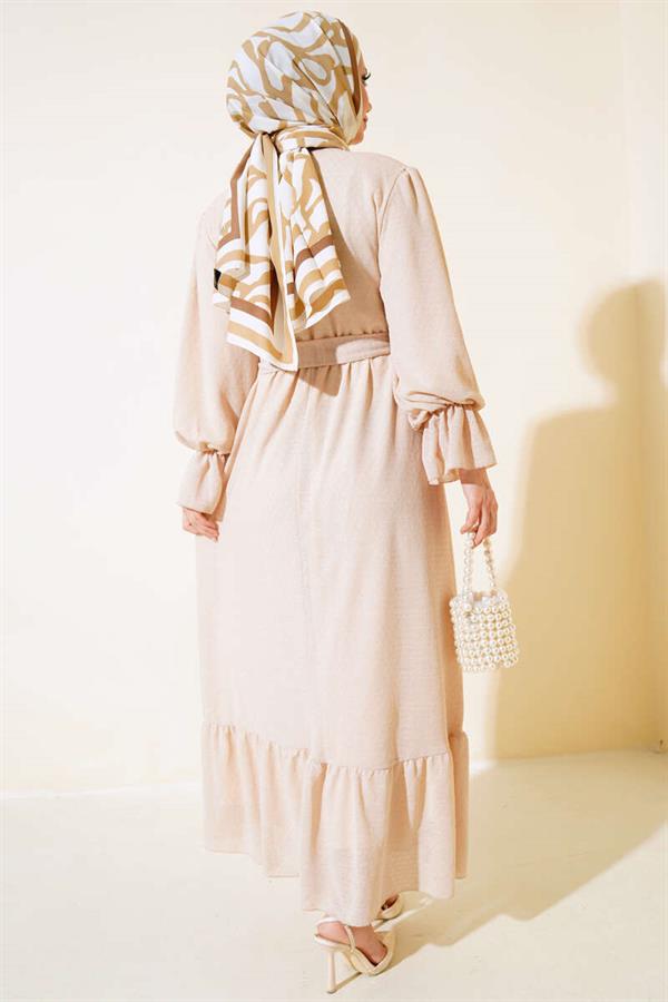 Elastic Waist Self Patterned Dress Beige
