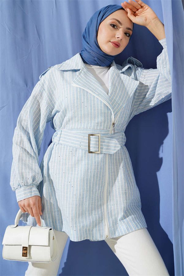 Elastic Waistband Jacket with Self-Belt, Blue