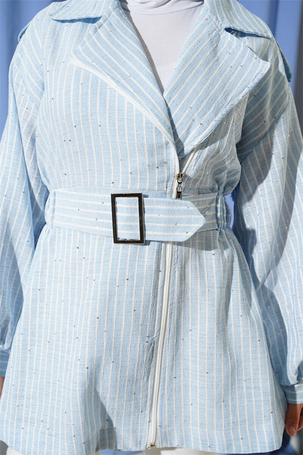 Elastic Waistband Jacket with Self-Belt, Blue