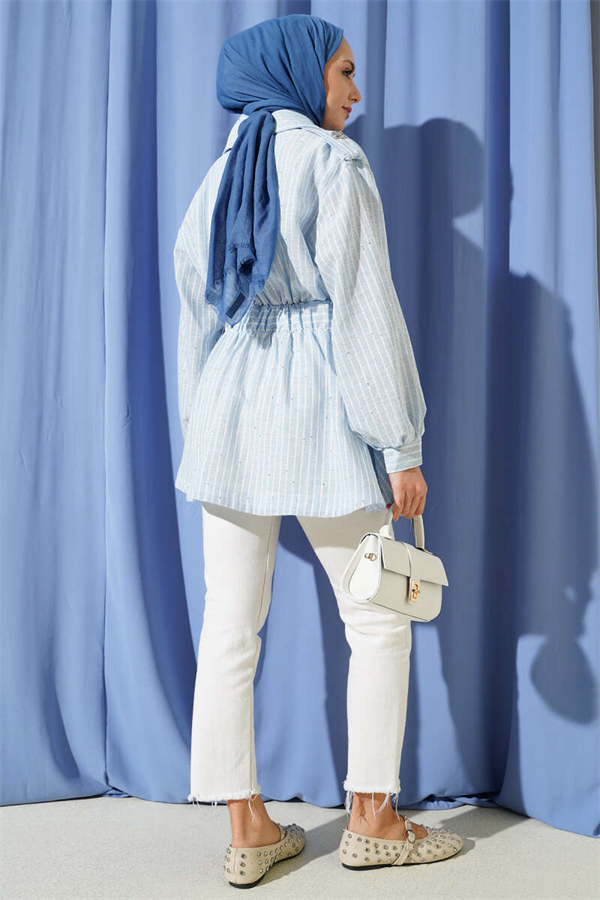 Elastic Waistband Jacket with Self-Belt, Blue