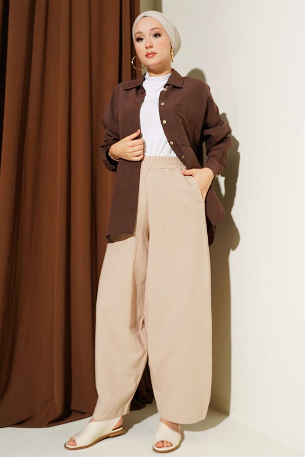 Linen Balloon Trousers with Elastic Waistband, Beige