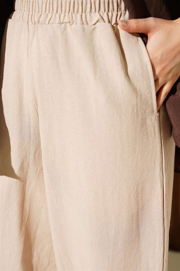 Linen Balloon Trousers with Elastic Waistband, Beige