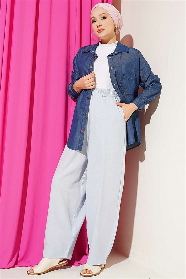 Linen Balloon Trousers with Elastic Waistband, Blue
