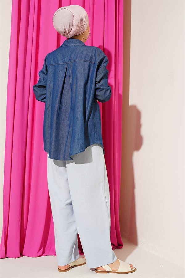 Linen Balloon Trousers with Elastic Waistband, Blue