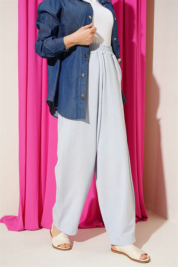 Linen Balloon Trousers with Elastic Waistband, Blue