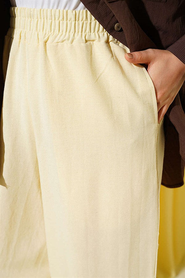 Linen Balloon Trousers with Elastic Waistband, Yellow