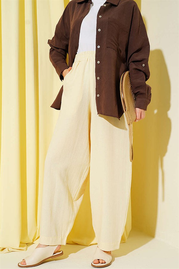 Linen Balloon Trousers with Elastic Waistband, Yellow