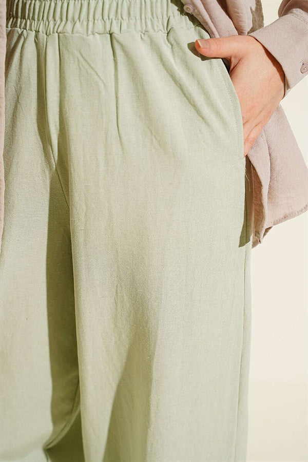 Linen Balloon Trousers with Elastic Waistband, Aqua Green