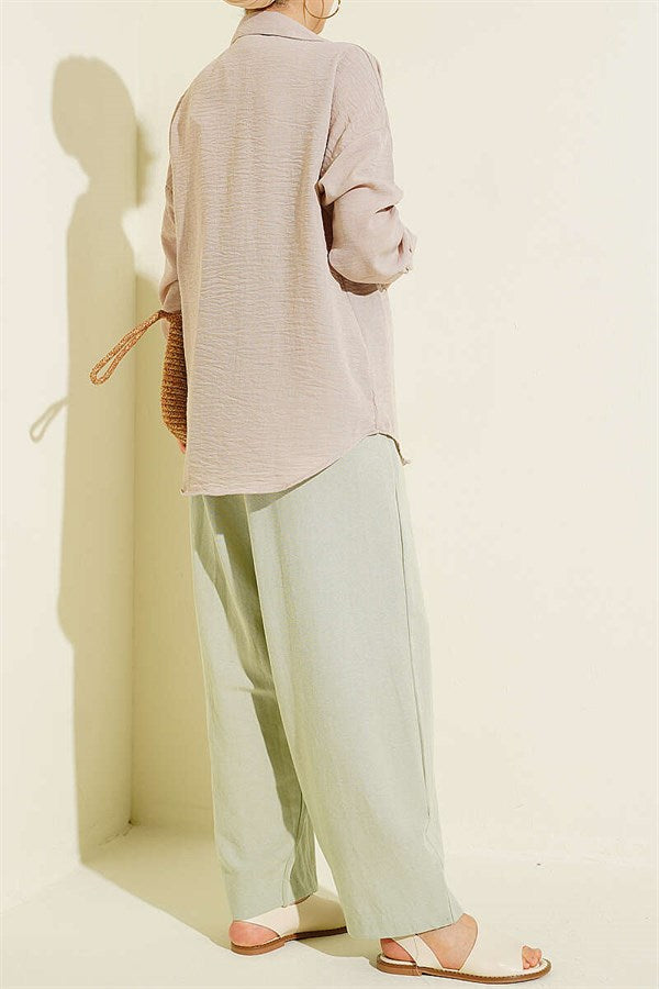 Linen Balloon Trousers with Elastic Waistband, Aqua Green