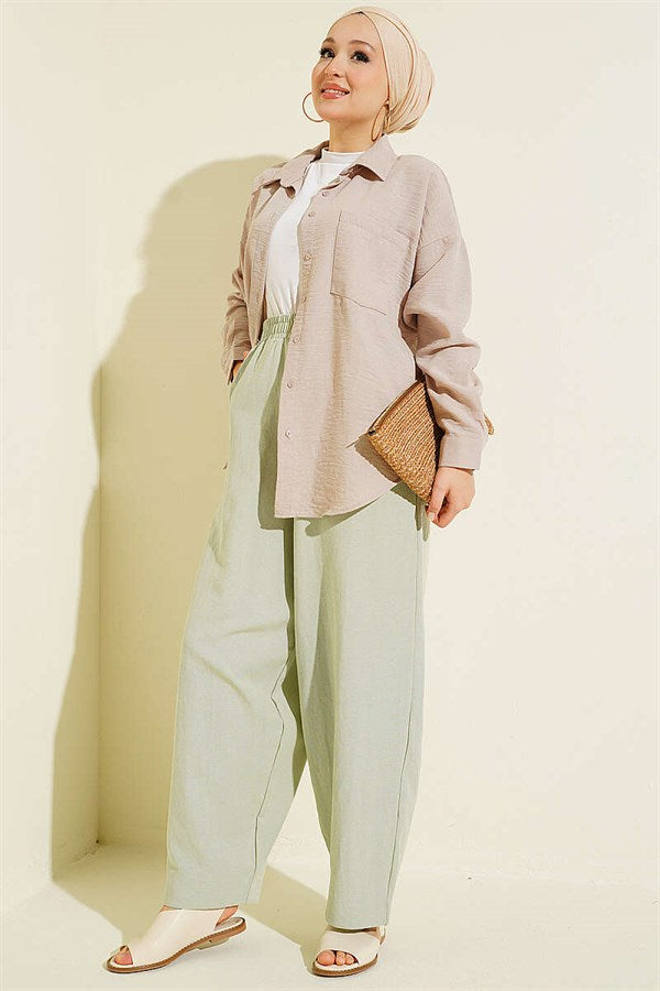 Linen Balloon Trousers with Elastic Waistband, Aqua Green