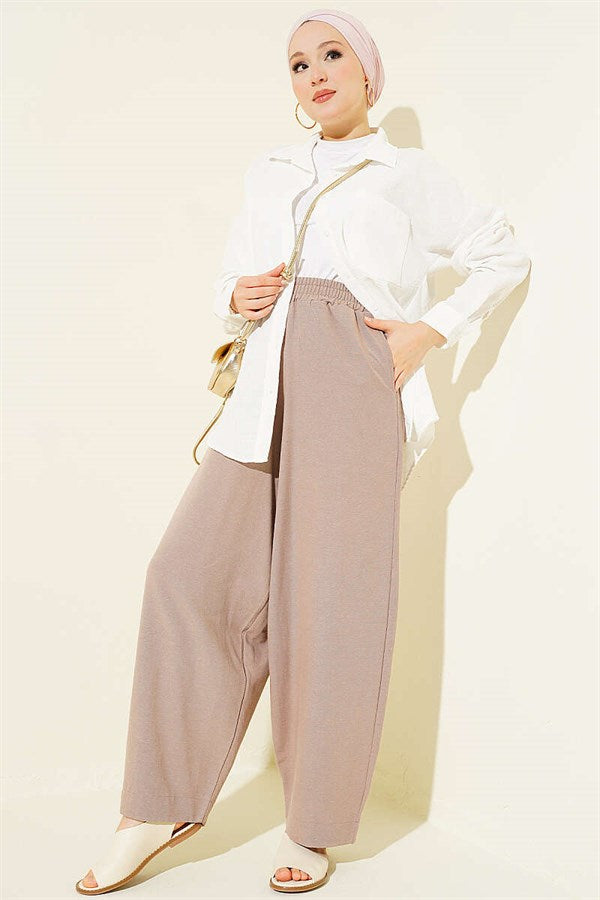 Linen Balloon Trousers with Elastic Waistband, Mink Color
