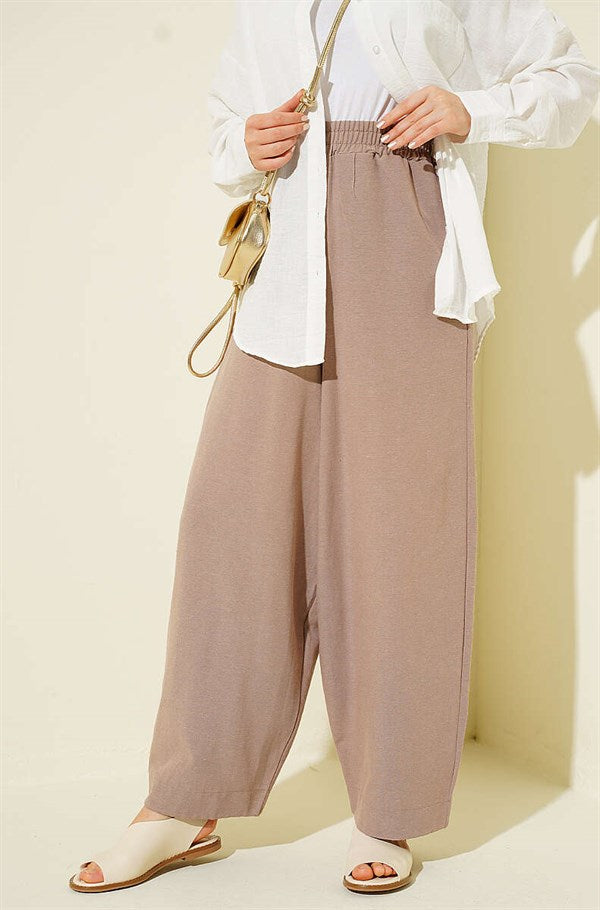 Linen Balloon Trousers with Elastic Waistband, Mink Color