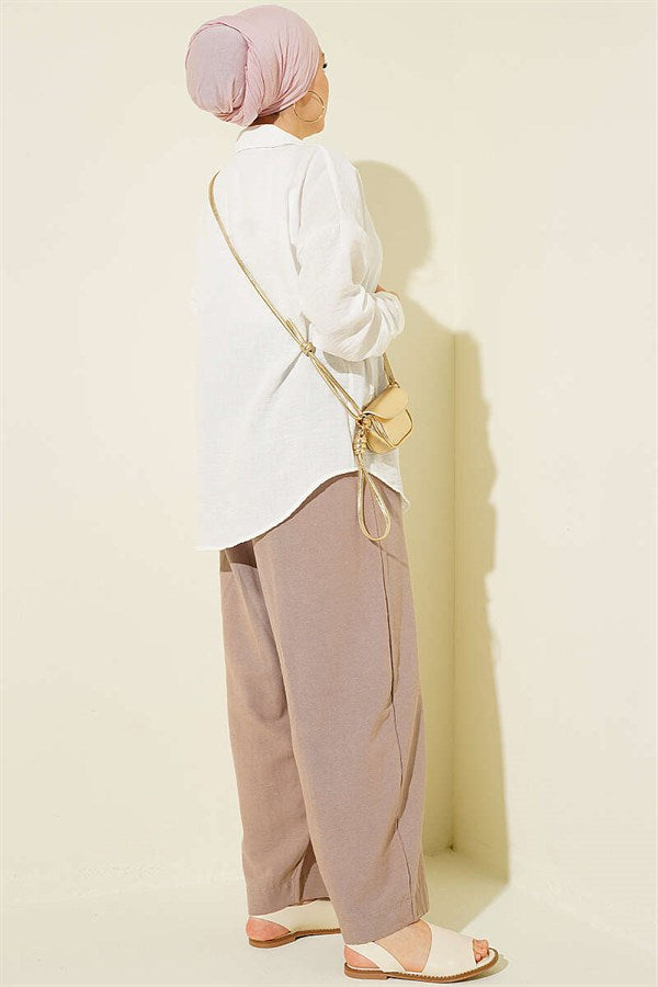 Linen Balloon Trousers with Elastic Waistband, Mink Color