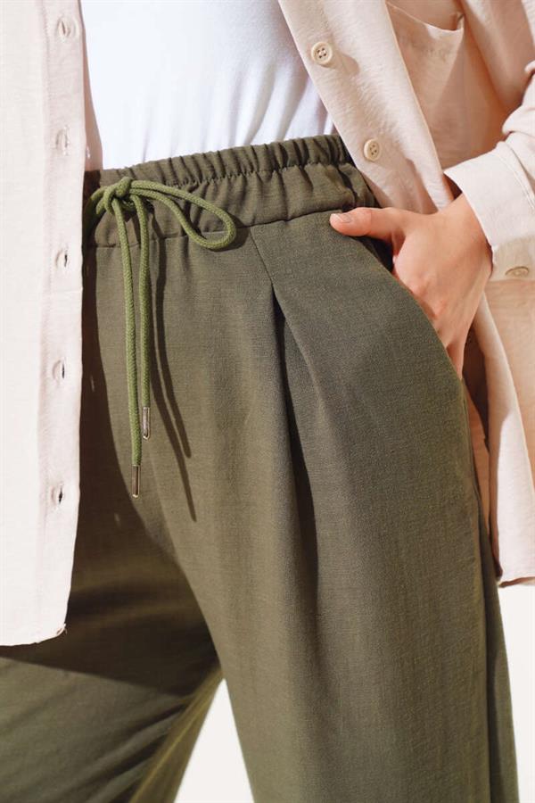 Elastic Waist Linen Trousers Khaki