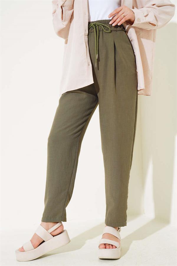 Elastic Waist Linen Trousers Khaki
